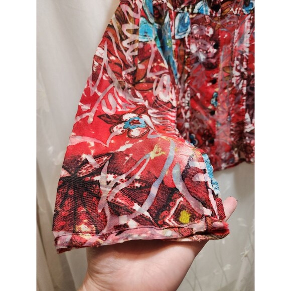 Chicos Women 3 Red Shaket Button Sheer Burnout Floral Long Sleeve Abstract Artsy - Picture 3 of 12